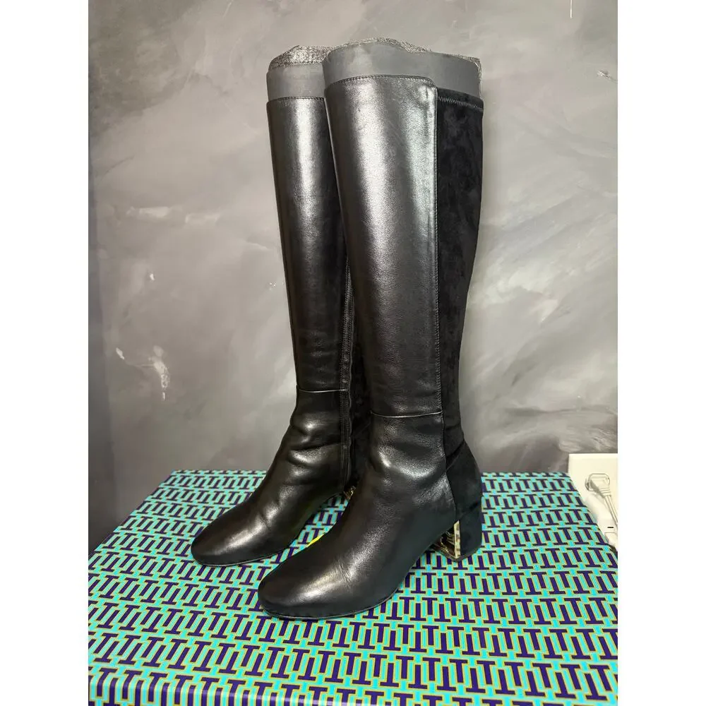 Tory Burch GIGI 55mm Tall Boots Calf Leather Stretch Suede Black Gold Size 8